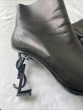Saint Laurent Black Leather Ankle Booties with Monogram Sculptural Heels